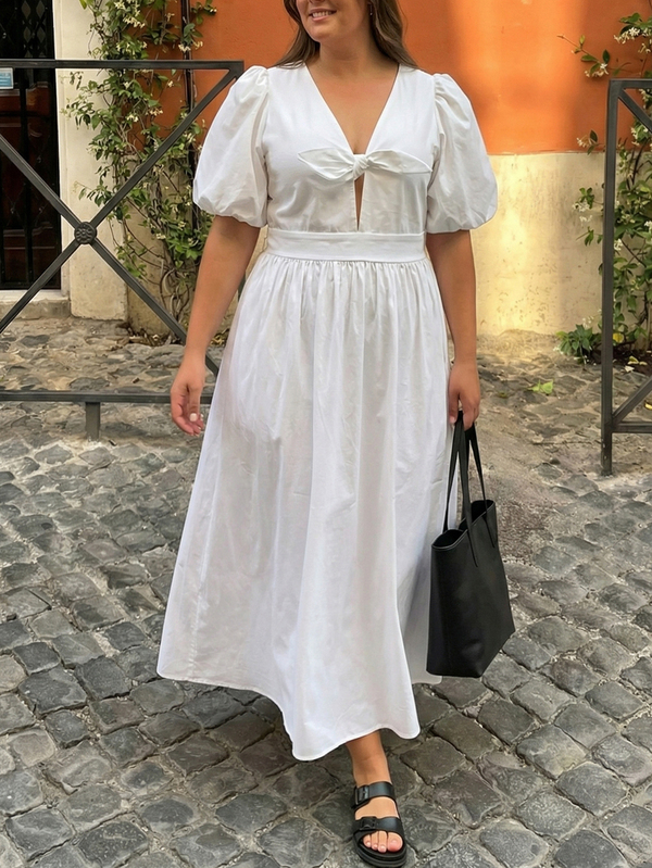 Women's V-Neck Puff Sleeve Midi Dress