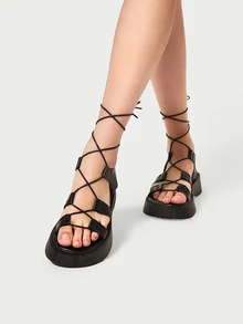 DareSee 女士交叉帶綁帶涼鞋,龐克色坡跟涼鞋 - 黑色 - 查看 5