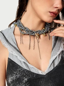 DareSee Dark Style Multi-Layer Faux Pearl Wrapped Golden Heart Tassel Necklace, Women's Contrast Beaded Choker Necklace, Punk Hip-Hop Handmade Beaded Necklace - Grey - View 5
