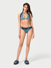 DareSee 女士夏季新款流苏扣带坡跟厚底休闲一脚蹬沙滩凉鞋，百搭 - 藍色 - 查看 3