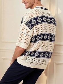 Men's V-Neck Hollow-Out Knit Sweater - Beige And Navy Blue Argyle Pattern Pullover - White - View 2