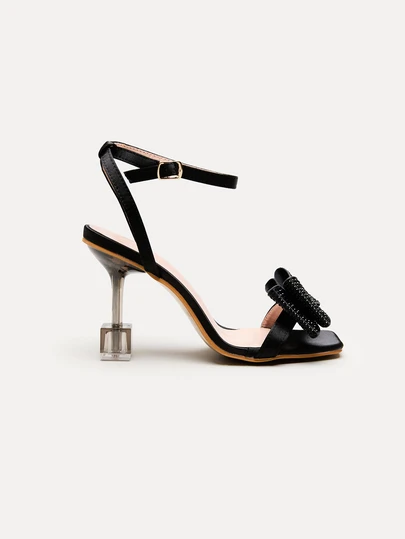 TuEzra 時尚新風格的鑲鑽蝴蝶結水晶高跟涼鞋,帶踝帶