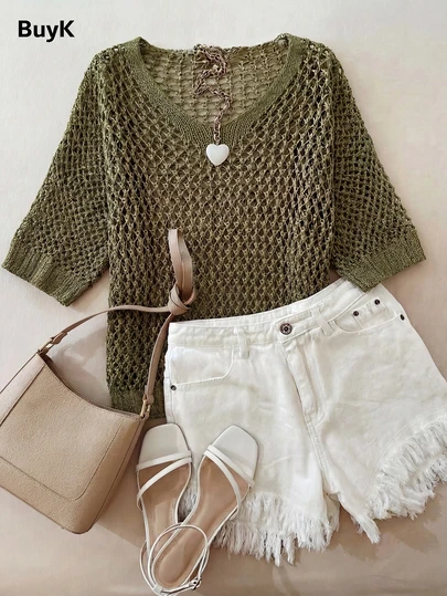 BuyK [Top] Women's Crochet V-Neck Short Sleeve Sheer Mesh Sweater, Hollow Out Beach Cover Up, Loose Bohemian Style, Summer, Green Color, Suitable For Wedding Guest, Bride, Mother, Vacation, Cruise, Island Honeymoon Travel