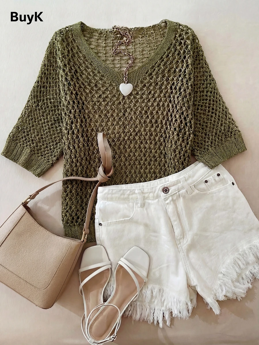 BuyK 【上衣】女士钩针编织V领短袖透视网纱毛衣，镂空沙滩罩衫，宽松波西米亚风，夏季，绿色，适合婚礼宾客、新娘、母亲、度假、邮轮、海岛蜜月旅行