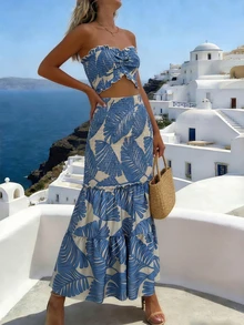 女士性感优雅修身镂空荷叶边印花长裙 - 藍白色 - 查看 3