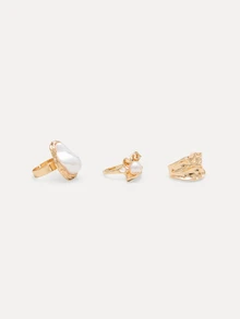 TuEzra 3pcs Vintage Asymmetrical Gold Abstract Metal Ring Set, Baroque Style Faux Pearl Jewelry Set Decorative Rings, Stackable Thick Jewelry Set, Suitable For Women's Daily Decoration, Parties, Fashion Matching, Holiday Gifts [Size Marked, Please Do Not Bend Or Force] - Gold - View 2