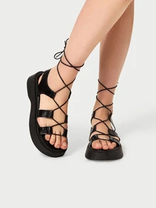 DareSee 女士交叉帶綁帶涼鞋,龐克色坡跟涼鞋 - 黑色 - 查看 1