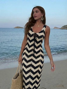 女士时尚波浪纹针织罩衫连衣裙，性感V领系带镂空沙滩度假连衣裙，夏季 - 彩色 - 查看 2