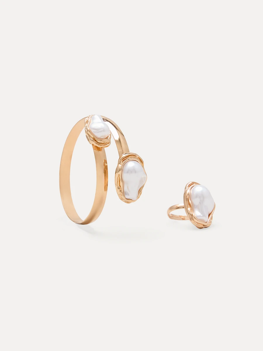 TuEzra 2pcs Asymmetrical Pearl Bracelet & Ring Combination Jewelry Set, Romantic & Elegant Gift For Women - Golden Yellow+White - View 1