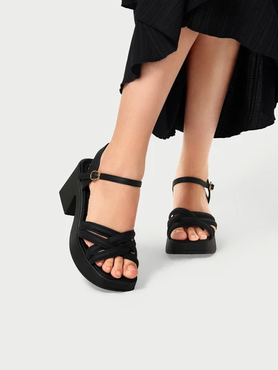 DareSee 女士时尚粗高跟褶饰带扣露趾凉鞋