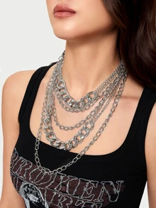 DareSee 1 件夸张多层朋克嘻哈项链，女士时尚粗链毛衣项链 - 銀色 - 查看 2