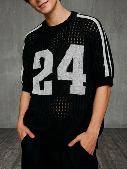 Men's Loose Mesh Knit Short Sleeve Top | Numeric "24" Pattern And Striped Sleeve Streetwear Sweater