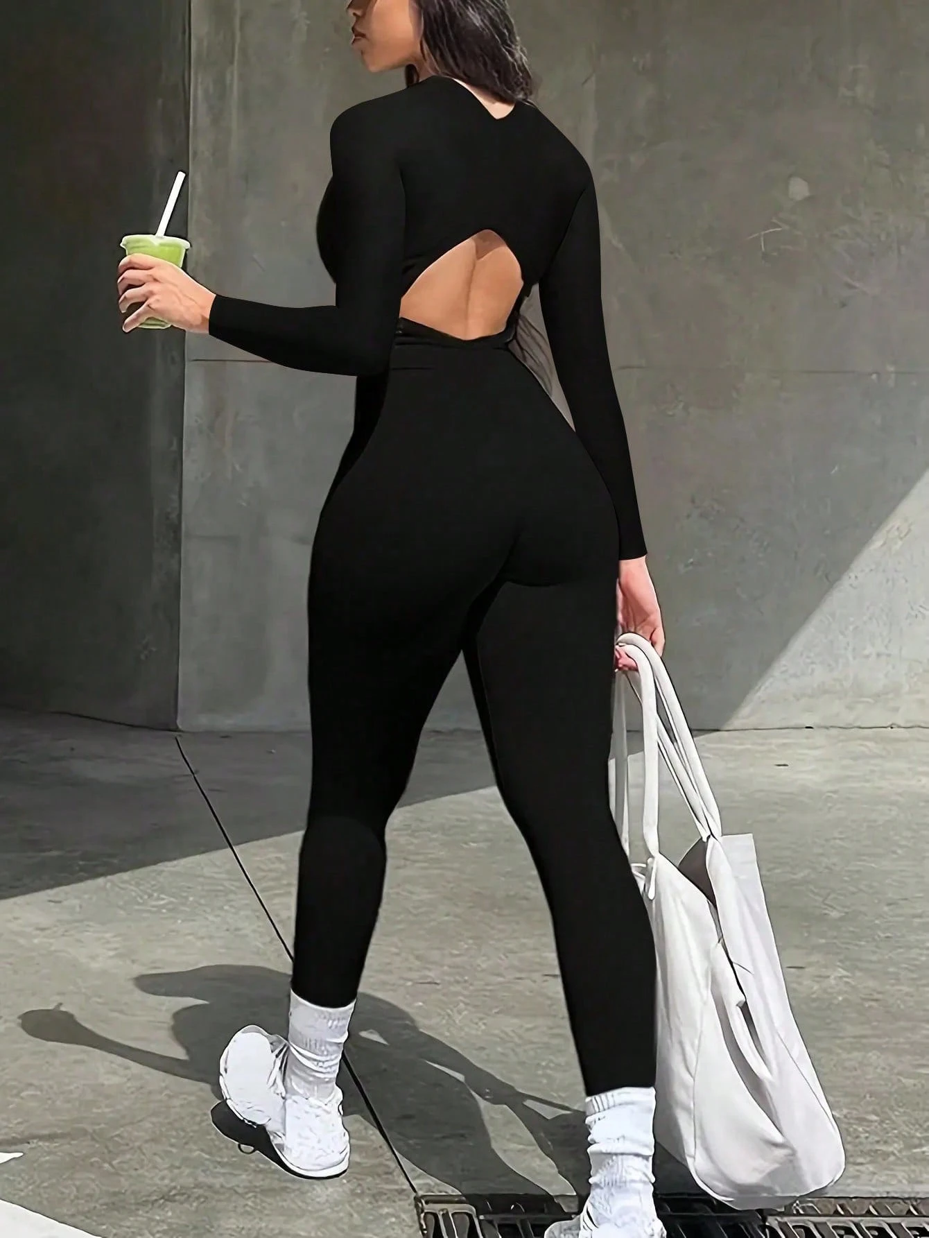 Casual Classic Round Neck Criss-Cross Front Zipper Long Sleeve Jumpsuit, New Spring/Summer Backless Jumpsuit, Women Jumpsuit - Black - View 1
