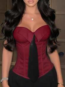 Yuwenier Y2K 束身露脐上衣，蝴蝶结装饰，酒红色，无肩带，系带露背，塑形露脐吊带背心，适合情人节、音乐节等夏季场合。 - 酒紅色 - 查看 1