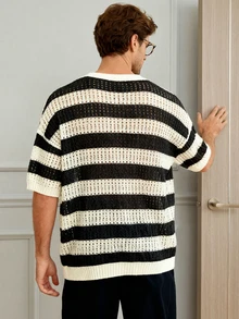 男士透明针织条纹亨利领短袖毛衣 - 黑與白 - 查看 2