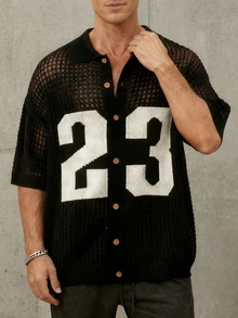 Men's Black Sheer Mesh Knit Cardigan | 23# Print Loose Polo Collar Casual Streetwear Top - Black - View 1