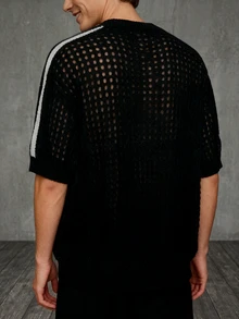 Men's Loose Mesh Knit Short Sleeve Top | Numeric "24" Pattern And Striped Sleeve Streetwear Sweater - Black - View 2