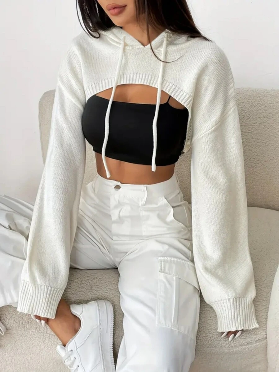 Casual Cropped Hoodie Pullover With Adjustable Drawstring, Long Sleeve Top For Women, Summer - White - View 1