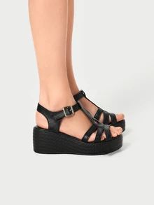 DareSee Women's Plus Size Hollow T-Strap Chunky Platform Comfy Slip On Casual Sandals, Lightweight & Minimalist Design For Summer Music Fest Back To School - Black - View 3