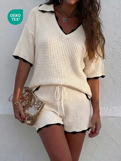 女士华夫格纹理撞色滚边短袖短裤沙滩度假休闲装