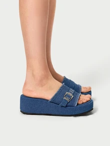 DareSee 女士夏季新款流苏扣带坡跟厚底休闲一脚蹬沙滩凉鞋，百搭 - 藍色 - 查看 5