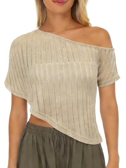 女士香槟色不对称肩部短袖雪纺罩衫+白色超短抹胸两件套，沙滩度假休闲防晒套装