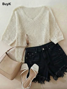 BuyK 【上衣】女士钩针编织V领短袖透视网纱毛衣，镂空沙滩罩衫，宽松波西米亚风，夏季度假，婚礼宾客，新娘母亲，假期，蜜月，旅行装，米色 - 杏色1 - 查看 3