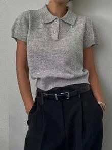 Women's Casual Summer Outfits Polo Collar Button Knit Sweater Short Sleeve Top Vacation - Grey - View 1
