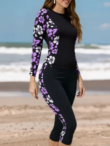 高领拉链吊带坦克比基尼泳衣，热带印花长袖上衣搭配七分裤，女士休闲优雅两件套泳装，中等弹力 - 彩色 - 查看 1