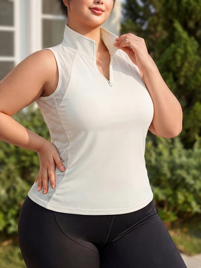 大码女式无袖网眼运动背心，修身半拉链立领健身训练衫，休闲运动适合户外跑步、瑜伽、网球等运动。