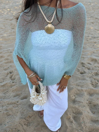 FOR BEAUTY Women's Summer New Sheer Cover-Up, Casual Vacation Style, Solid Blue Hollow Out Shawl, Beach Vacation Top, Vacation, Bohemian Style, Sexy, Women's Cover-Up, Beach Wear, Women's Summer Clothing