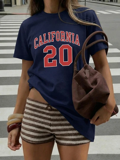 Women's Round Neck Short Sleeve T-Shirt, California 20 Graphic Print, Casual Sports Top