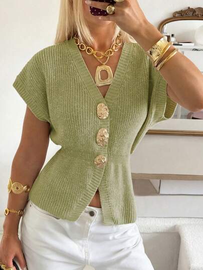 SEREN Primavera y verano nuevo top de punto con cuello en V, top de punto para mujer, top de punto verde, casual, elegante, corte ajustado, estilo de viaje, de moda, decoración de botones de metal, ropa de verano, top de verano, top de manga corta, top de manga corta de verano, tops para salir, tops para salir para mujeres, blusas elegantes para mujeres, blusas casuales para mujeres, atuendo casual,