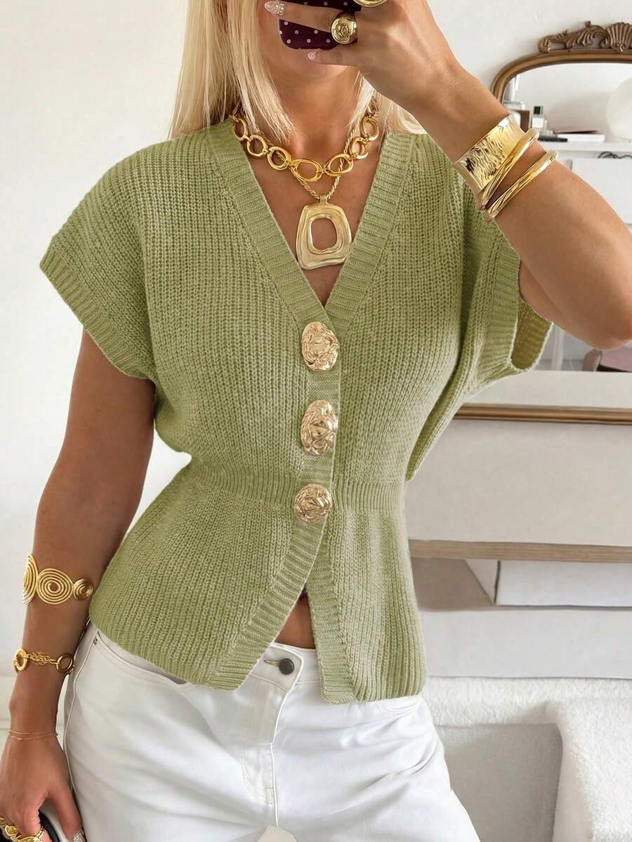 SEREN V领针织上衣，女士针织衫，绿色针织衫，休闲优雅修身通勤款，时尚金属纽扣装饰，夏季服装，短袖上衣，户外上衣，女士优雅衬衫，女士休闲衬衫