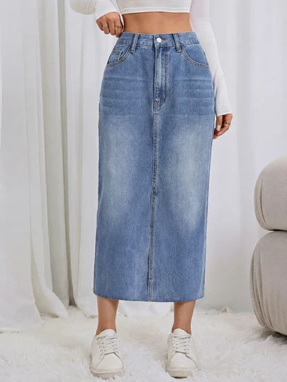 Women's Fashion Denim Pocket Cat Whisker Washed Denim Skirt, Non-Stretch, Blue, Casual Wear For Spring, Summer, Autumn, Winter, Soft & Comfortable