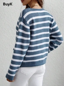 BuyK Blue & White Striped Contrast Color Front Button Pocket Knit Cardigan, Soft, Fashionable, Versatile Daily Essential, Minimalist & Elegant - Blue - View 2