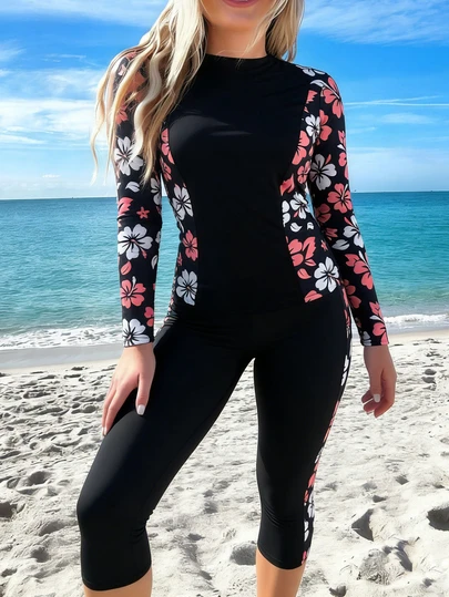 High Neck Zipper Spaghetti Strap Tankini Swimsuit, Tropical Print Long Sleeve Top With Capri Pants, Women Casual Elegant 2-Piece Swimwear, Medium Stretch