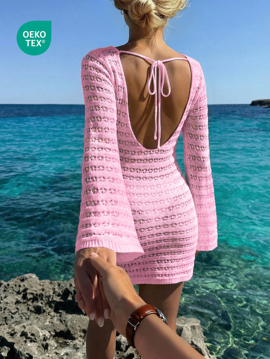 女士纯色波西米亚风轻薄休闲露背镂空透视长袖罩衫迷你连衣裙，春夏度假海滩装