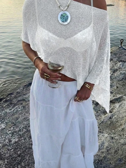 FOR BEAUTY Summer New Women's Solid Color Ribbed White Knit Cardigan, Asymmetric Hem Design, Fine Shimmery Texture Knit Provides Lightweight Breathable Feel, Slightly Loose Fit Suitable For Various Body Types, Vacation Beach Casual Style Top, Suitable For Vacation, Bohemian, Sexy, Women's Summer Clothing