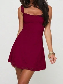 Đầm ngắn ôm dáng thanh lịch, không tay, phối ren, bèo nhún, dây đeo vai và nơ, thích hợp cho tiệc mùa hè. - Màu Đỏ Sâu - Xem 2