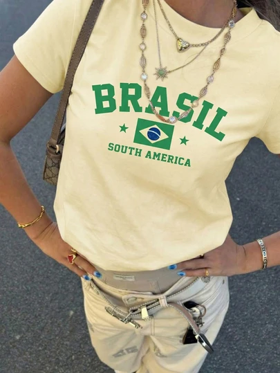 Women's Vintage Yellow Brazil Flag & South America Print Round Neck Short Sleeve Casual T-Shirt