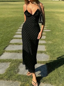 Yuwenier 优雅浪漫 A 字缎面波点印花长裙，蕾丝拼接细肩带，露背设计，适合情人节、音乐节、海滩度假等场合。黑色夏季 - 黑色 - 查看 6