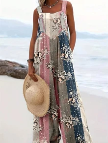 Floral Print Square Neck Jumpsuit, Casual Spring/Summer Outfit - Multicolor - View 1