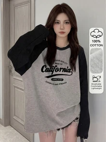 Women's Autumn/Winter Pure Cotton Contrast Color Raglan Sleeve Letter Print Minimalist All-Match Layering Long Sleeve Loose Versatile Casual Street Commute Ribbed Neutral Pattern Top T-Shirt - Ash - View 1
