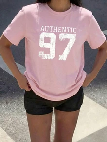 Women's Retro Casual Pink 97 Graphic Print Round Neck Short Sleeve T-Shirt - Pink - View 1