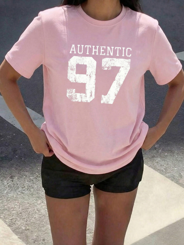 Women's Retro Casual Pink 97 Graphic Print Round Neck Short Sleeve T-Shirt