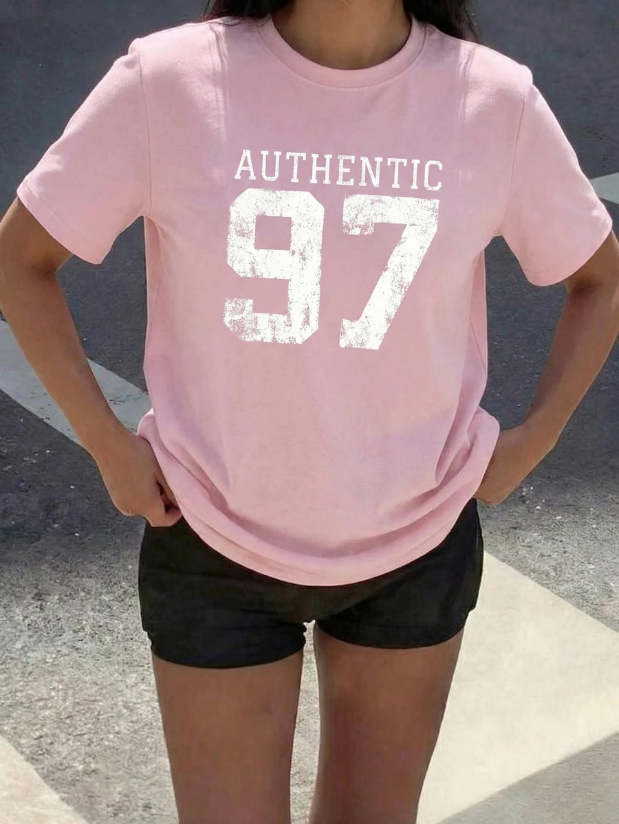 Women's Retro Casual Pink 97 Graphic Print Round Neck Short Sleeve T-Shirt - Pink - View 1