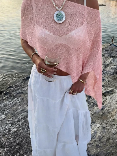 Women's New Solid Color Ribbed Asymmetric/Asymmetrical Olive Green Knit Cover Up, Featuring Off Shoulder + Asymmetrical Hemline Design, Relaxed Vibe. Fine Shimmery Knit Texture Provides Lightweight Breathable Feel, Slightly Oversized Fit Suits Various Body Types, Can Be Worn Alone Or Layered, Suitable As Sunscreen Shirt Or Underlayer In Spring/Summer, Cool-Toned Color Scheme Offers Elevated Look, A Stylish And Practical Beach Top