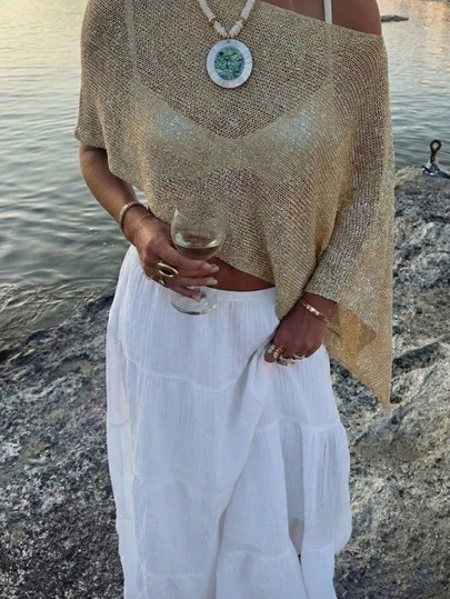 FOR BEAUTY Summer New Women's Solid Color Ribbed Light Apricot Knit Cardigan, Asymmetric Hem Design, Fine Shiny Texture Knit, Lightweight & Breathable, Slightly Loose Fit Suitable For Various Body Types, Vacation & Beach Casual Style Top