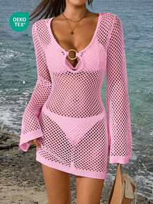 Gaun Mini Crop Top Wanita Warna Polos Seksi Berongga Transparan dengan Desain Cincin Logam Lengan Panjang, Penutup Pantai, Warna Pink untuk Liburan Musim Panas - Baby Pink - View 3